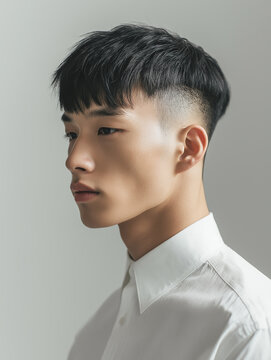 Side profile of a handsome Korean man with trendy two-block haircut and bangs wearing a white shirt, K-pop fashion concept