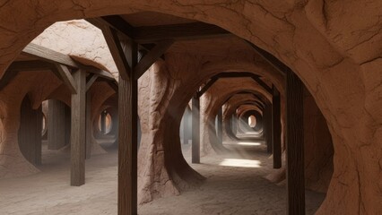 Underground tunnel corridor with wooden supports and rocky arches