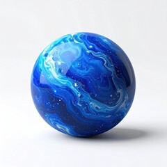 A glossy blue sphere with swirling white and dark blue patterns
