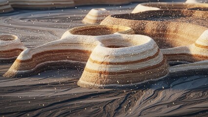 Unique geological formations with layered sedimentary deposits and rippling textures under dynamic