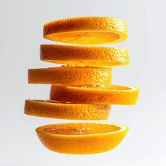 Stack of orange slices floating against a bright white background