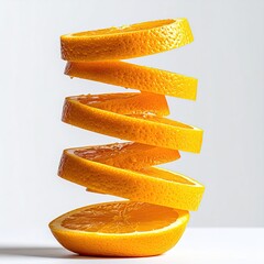 Orange slices in stack, suspended in air on white background