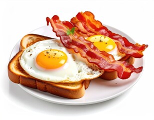Plate of breakfast fried eggs, bacon, toast, isolated