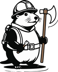 Naklejka premium A mole as a miner holding a helmet and pickaxe, strong compact pose, flat vector illustration, minimal detail, solid flat colors, bold black outline, no shadow, no gradient, sticker style, white backg