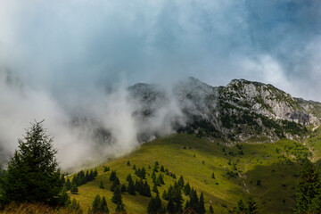 Summer scenery in the Transylvanian Alps with spectacular imagery and dramatic storm clouds, in July and August