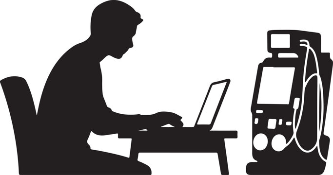 Home Office Dialysis vector silhouette art, dialysis machine sits discreetly beside them, showing multitasking