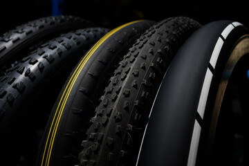 Close up of various bicycle tires with different treads and yellow stripe wheel rubber