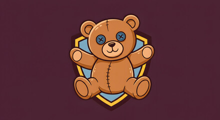 Charming cartoon teddy bear with button eyes and a friendly demeanor, digitally illustrated against a distinctive shield emblem on a plain background
