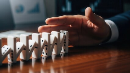 Financial crisis concept with hand stopping falling dominoes, representing economic recession protection, bankruptcy prevention, and strategic stability