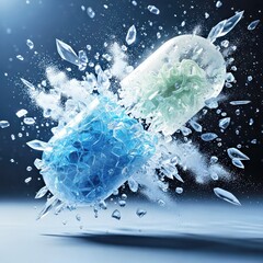 Obraz premium Shattered Ice Capsule Bursting Blue Green Powder Crystal Shards Floating Ice Crystals Dramatic Dark Background.jpg
