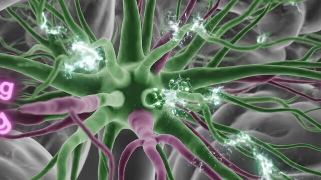 Animated 3D rendering of interneurons in the lateral hypothalamus, with glowing connections.