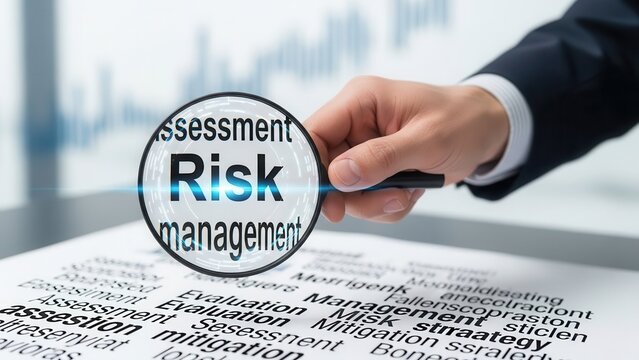 Closeup Businessman Hand holding digital magnifying glass over Risk word, representing risk assessment, insurance evaluation, crisis management, and mitigation strategy