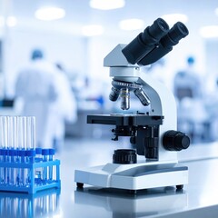 A microscope and test tubes in a lab, with researchers blurred in the background