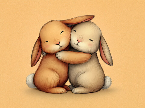 Two cute cartoon bunnies hugging against a soft pastel background. A warm, childlike illustration in delicate tones, perfect for the cover or pages of a children's book.

