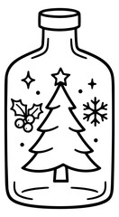 Hand drawn line art illustration of a christmas scene in a bottle depicting a festive winter wonderland for holiday designs and decorations