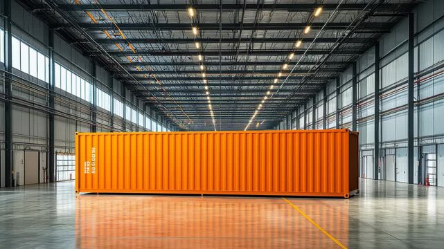 Large, Empty Warehouse Interior With a Solitary Orange Shipping Container During Daylight Hours