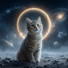 Cat sitting on moon surface with galaxies in the background  
