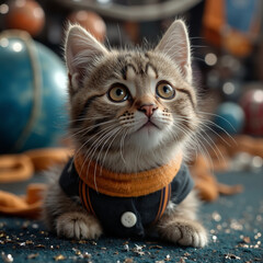 Cute kitten wearing a stylish outfit and looking curiously at toys  