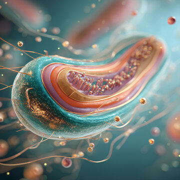 Stylized bacterial cell with smooth gradients and elegant colors showing membrane wall ribosomes nucleoid and flagella in soft scientific render  
