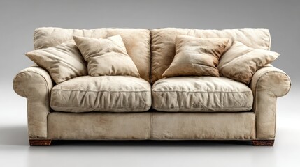 Obraz premium Comfortable beige sofa with cushions in a well-lit room.