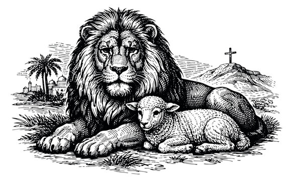 Hand drawn line art illustration of a lion and a lamb depicting peace and religious symbolism for spiritual and biblical themes