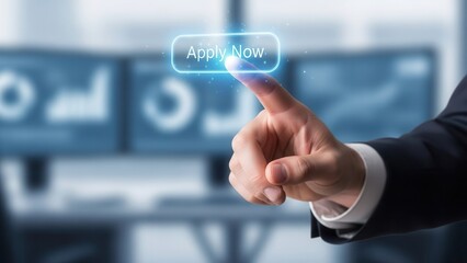 Closeup Businessman Hand pointing at virtual Apply Now button, concept of online job application, career opportunity, recruitment portal, and digital hiring process