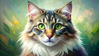 Obraz premium a close-up portrait of a fluffy cat with large green eyes.