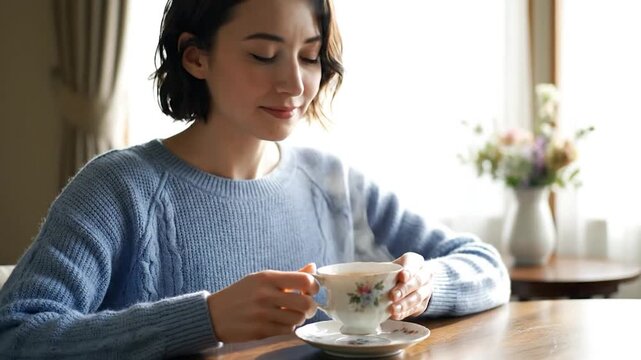 Woman in blue sweater drinks tea from floral cup