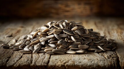 Obraz premium A pile of sunflower seeds on a rustic wooden surface with a dark background