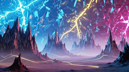 Vibrant abstract landscape featuring jagged mountain peaks illuminated by lightning and colorful