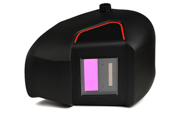 Black welding helmet lying on its side isolated on white