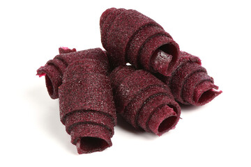Dark Red Berry Fruit Leather Rolls Isolated on White Background