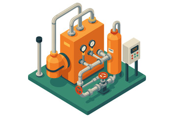 Industrial isometric machinery setup with pipes and control panel