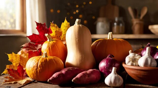 Rustic Autumn Harvest Still Life with Pumpkins, Butternut Squash, Sweet Potatoes, Onions, Garlic, and Fall Leaves on Wooden Table
