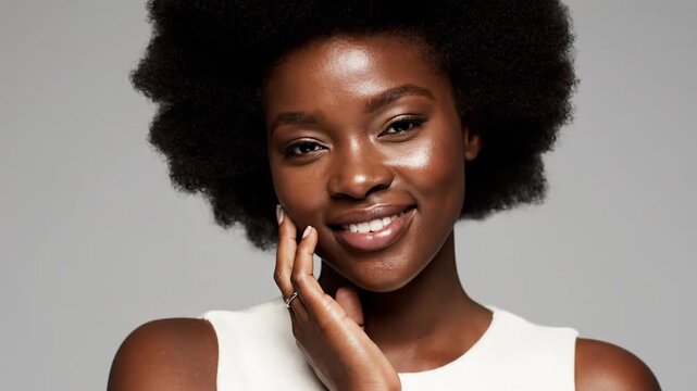 Portrait of a woman with beautiful skin, smiling. She is touching her face, wearing a ring
