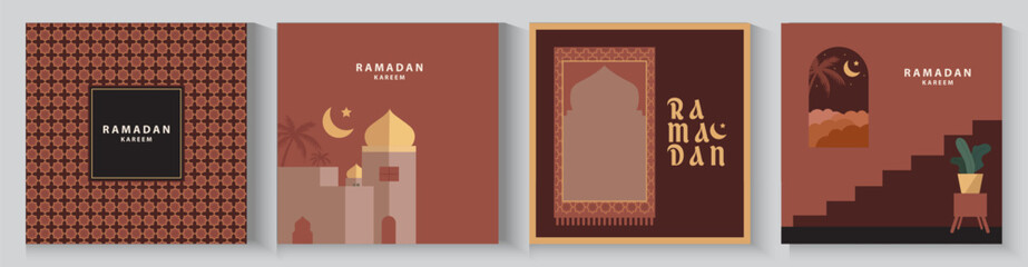 Ramadan Kareem window and mosque backgrounds. Eid mubarak or Modern Islamic greeting cards, Poster and social media banner template with geometric pattern overlay effect in trendy warming brown colors