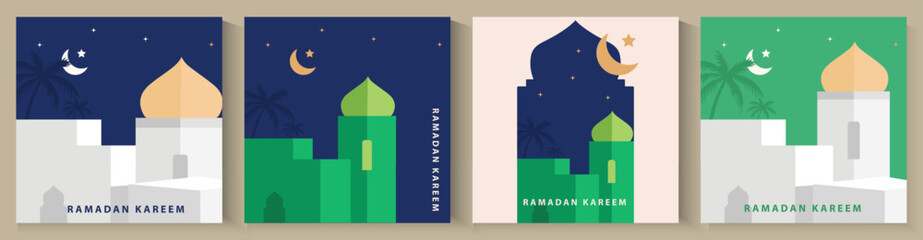 Ramadan Kareem window and mosque backgrounds. Eid mubarak or Modern Islamic greeting cards, Poster and social media banner template with geometric pattern overlay effect in trendy warming brown colors