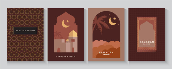 Ramadan Kareem window and mosque backgrounds. Eid mubarak or Modern Islamic greeting cards, Poster and social media banner template with geometric pattern overlay effect in trendy warming brown colors
