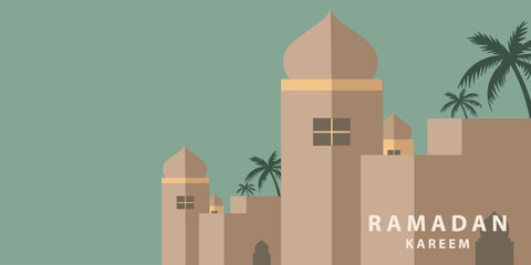 Ramadan Kareem window and mosque backgrounds. Eid mubarak or Modern Islamic greeting cards, Poster and social media banner template with geometric pattern overlay effect in trendy warming brown colors