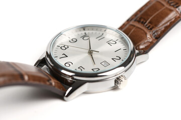 Elegant silver men's wrist watch with brown leather strap isolated on white