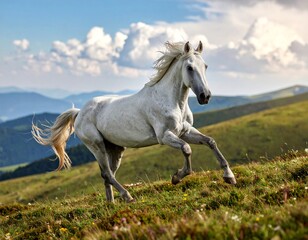 Obraz premium a majestic white horse galloping across a grassy hill with mountains in the background