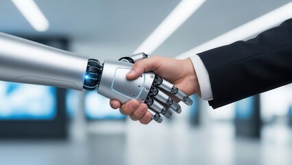 Closeup Businessman Hand shaking hands with digital robot arm, symbolizing human-AI collaboration, technological partnership, and the future of automation in the workplace