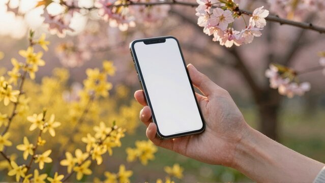 Hand holding smartphone with cherry blossoms and yellow flowers - Powered by Adobe