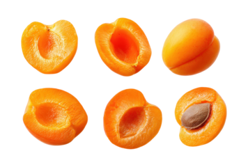 Set of cut apricots, isolated on a transparent background