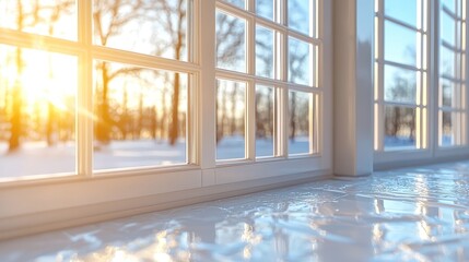 Winter sunset view from large window, snowy landscape, bright interior, home design