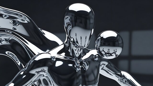 Futuristic humanoid figure made of liquid chrome holding a perfectly spherical object - Powered by Adobe