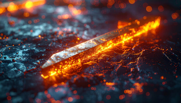 Lava Sword of Legend: A mystical glowing lava sword is embedded within an otherworldly, cracked terrain, the fiery essence of the weapon igniting the darkness. - Powered by Adobe