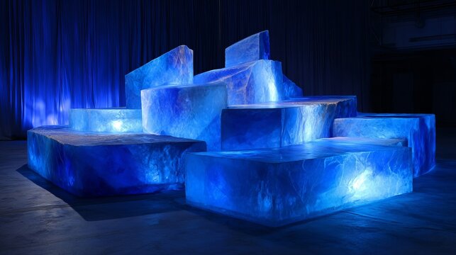 A stunning blue ice sculpture installation illuminated in a dark room with a dramatic ambiance