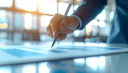 Business Analysis and Strategy: A focused professional meticulously analyzes financial data with a pen, embodying diligence and analytical prowess.