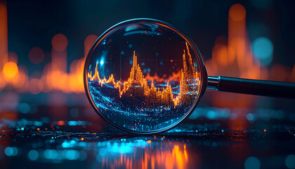 Data Scrutiny: A magnifying glass hovers over a vibrant graph, highlighting the intricacies of financial data and digital transformation. It is a visual of in-depth analysis and economic trends.
